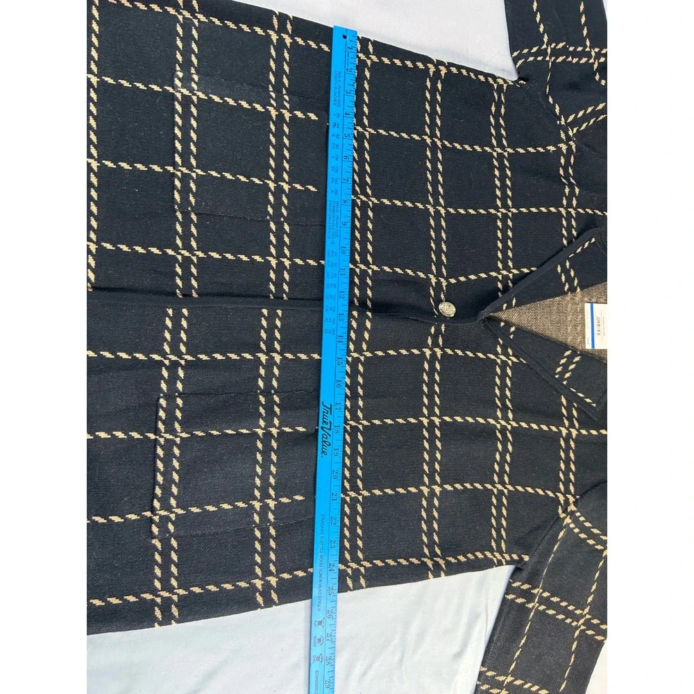 Anne Klein Women Black Camel‎ Windowpane Plaid Knit Blazer Cardigan XL 10882697